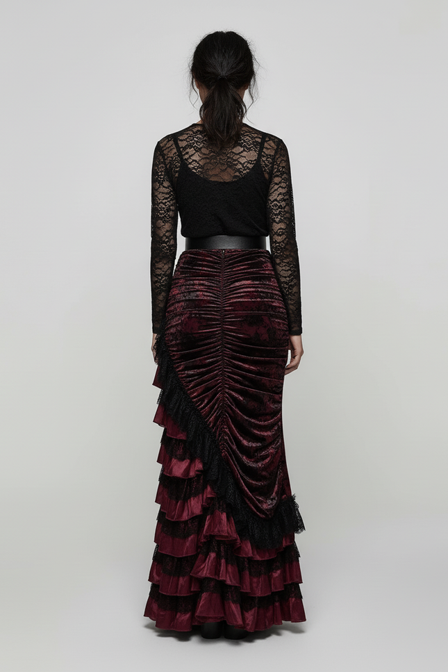 Jupe Longue Velours Bordeaux Volants Élégante