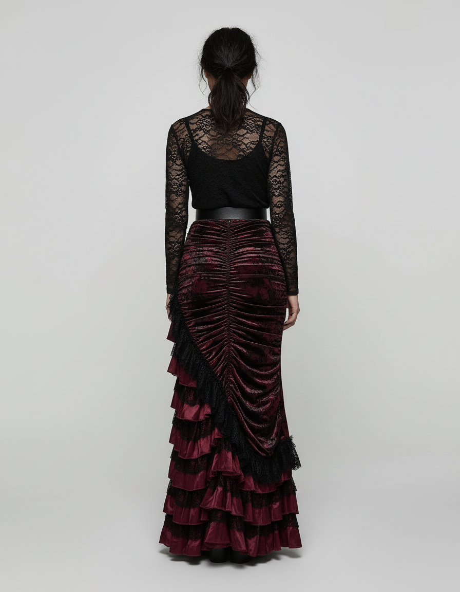 Jupe Longue Velours Bordeaux Volants Élégante