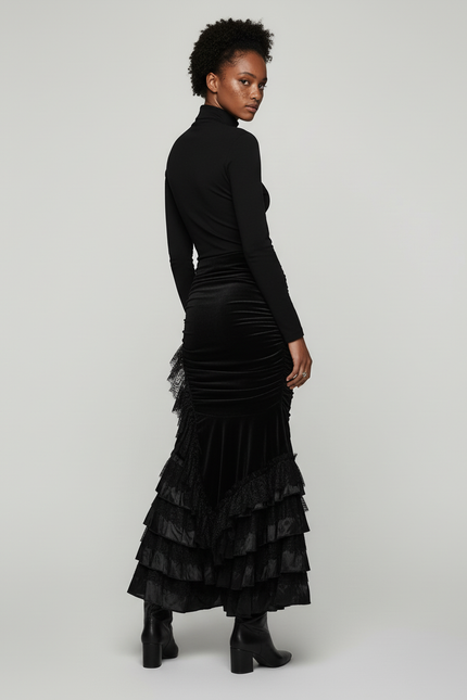 Jupe Longue Velours Noir Volants Dentelle Gothic