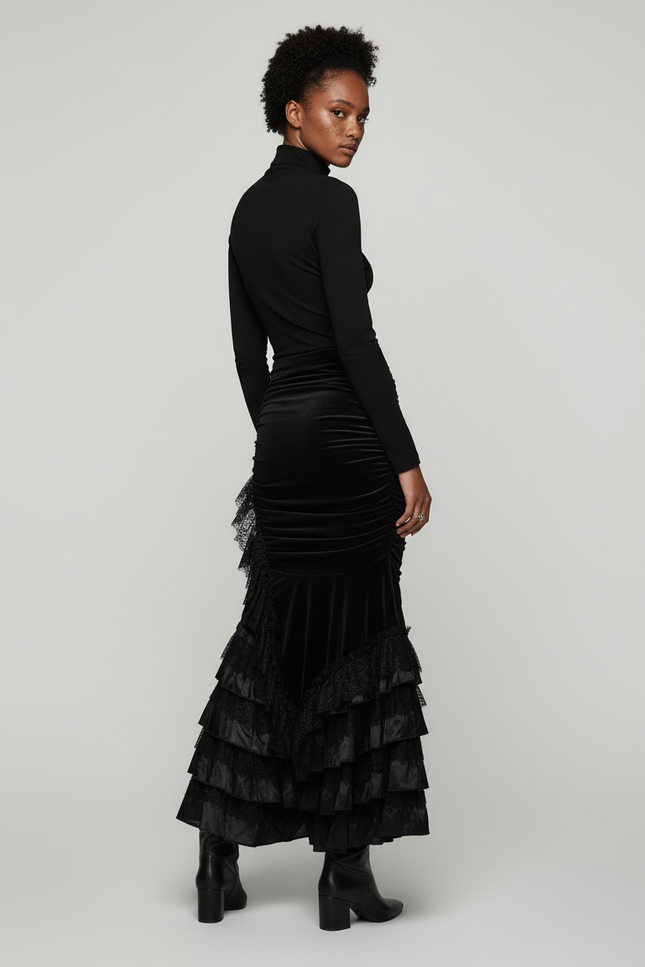 Jupe Longue Velours Noir Volants Dentelle Gothic