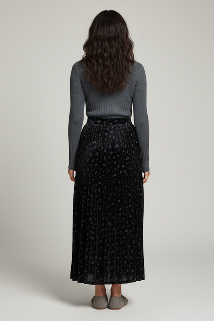 Jupe Longue Velours Floral Plissée