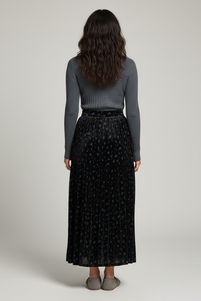 Jupe Longue Velours Floral Plissée