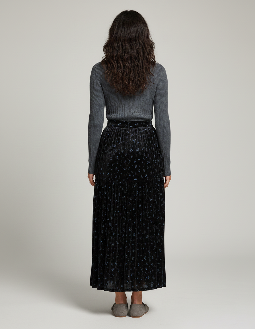 Jupe Longue Velours Floral Plissée