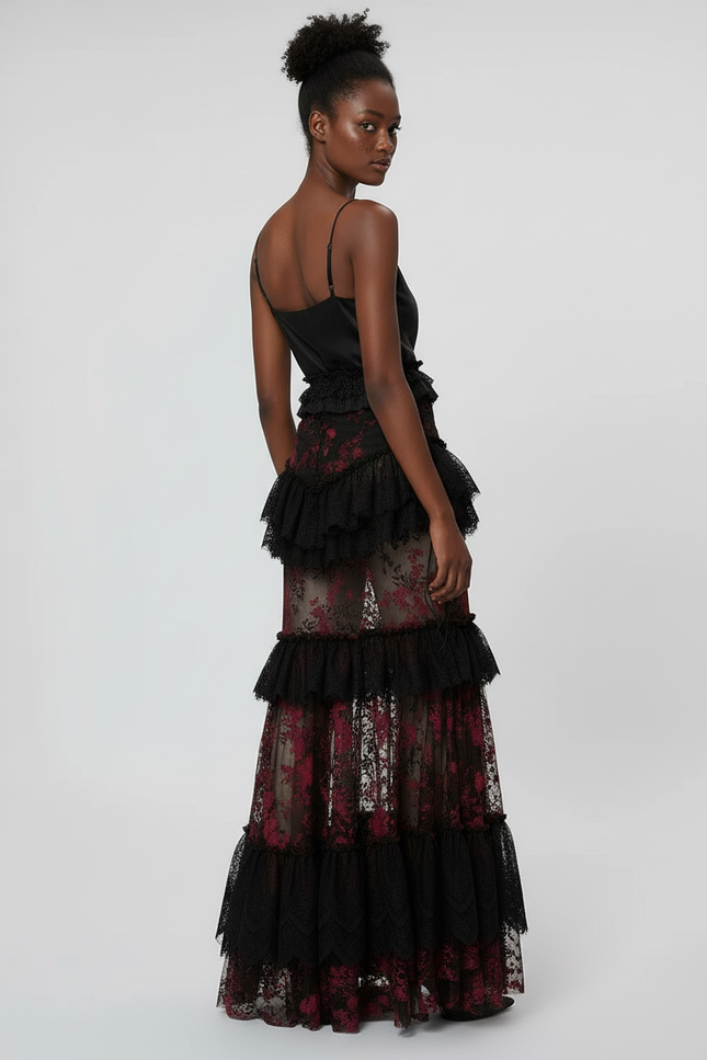 Jupe Longue Dentelle Transparente Élégante Soirée Femme