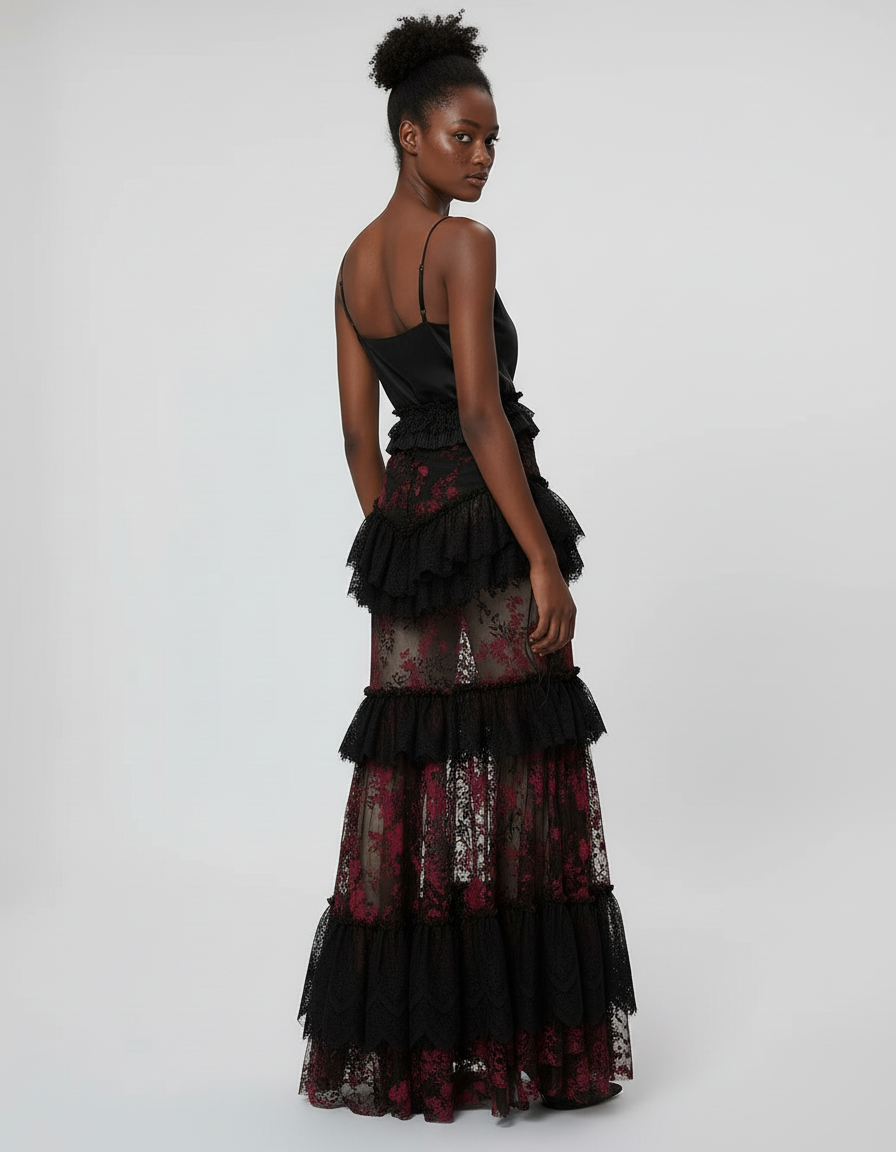 Jupe Longue Dentelle Transparente Élégante Soirée Femme