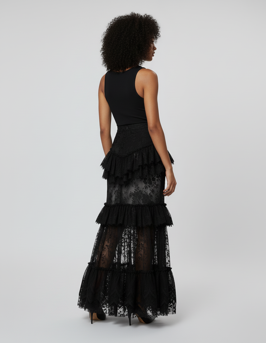 Jupe Longue Dentelle Noire À Volants Élégante