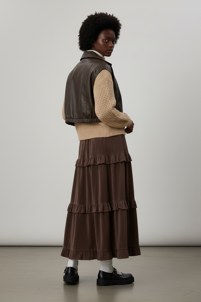 Jupe Longue Marron À Volants Élégante