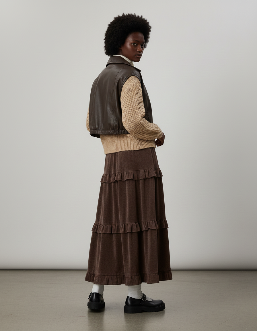 Jupe Longue Marron À Volants Élégante