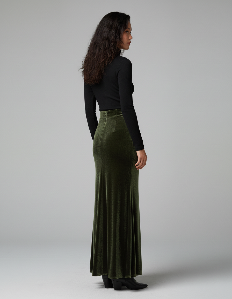 Jupe Longue Velours Vert Sirène Élégante