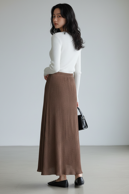 Jupe Longue Marron Plissée Fluide Femme