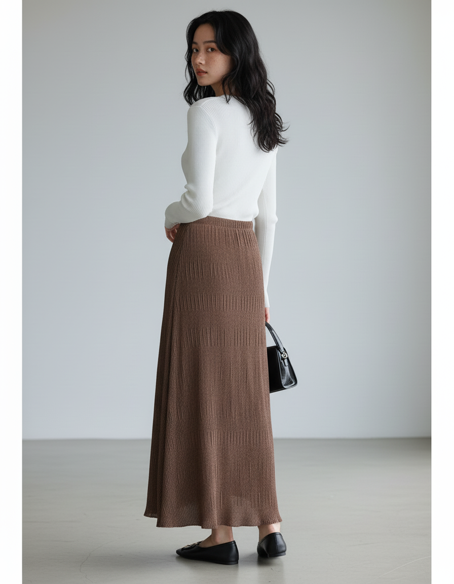 Jupe Longue Marron Plissée Fluide Femme