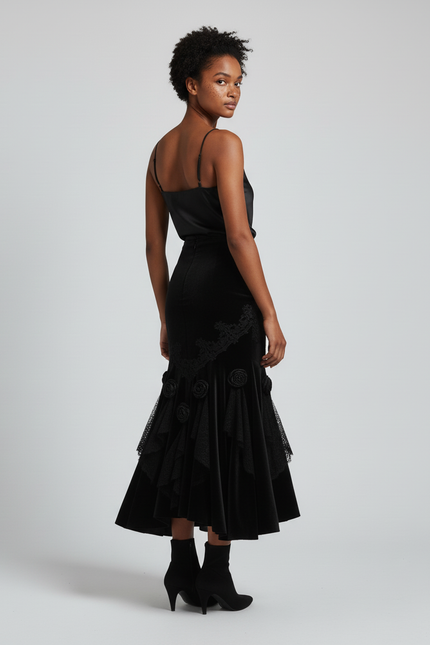 Jupe Longue Velours Brodé Élégante