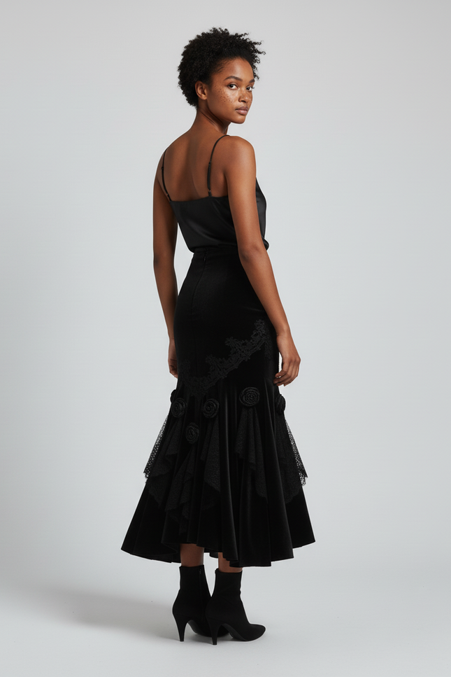 Jupe Longue Velours Brodé Élégante