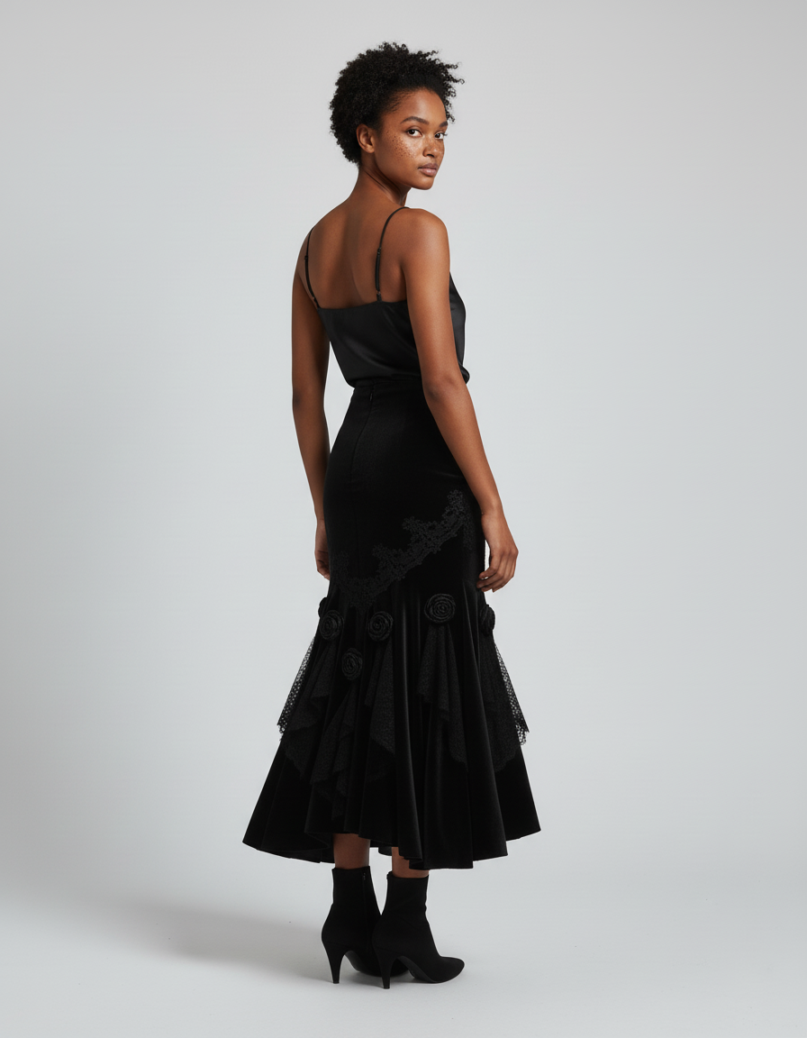 Jupe Longue Velours Brodé Élégante