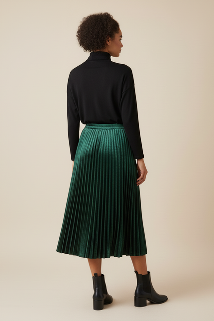 Jupe Longue Velours Plissée Brillante Verte