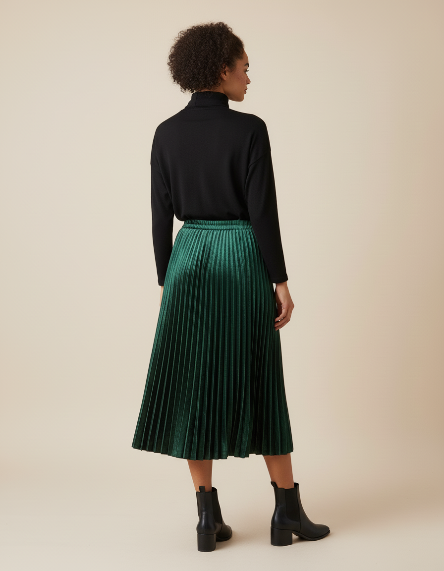 Jupe Longue Velours Plissée Brillante Verte