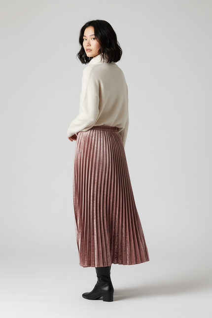 Jupe Longue Rose Velours Plissée