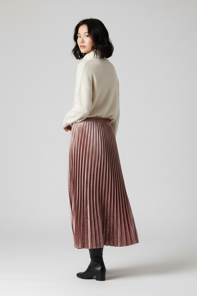 Jupe Longue Rose Velours Plissée