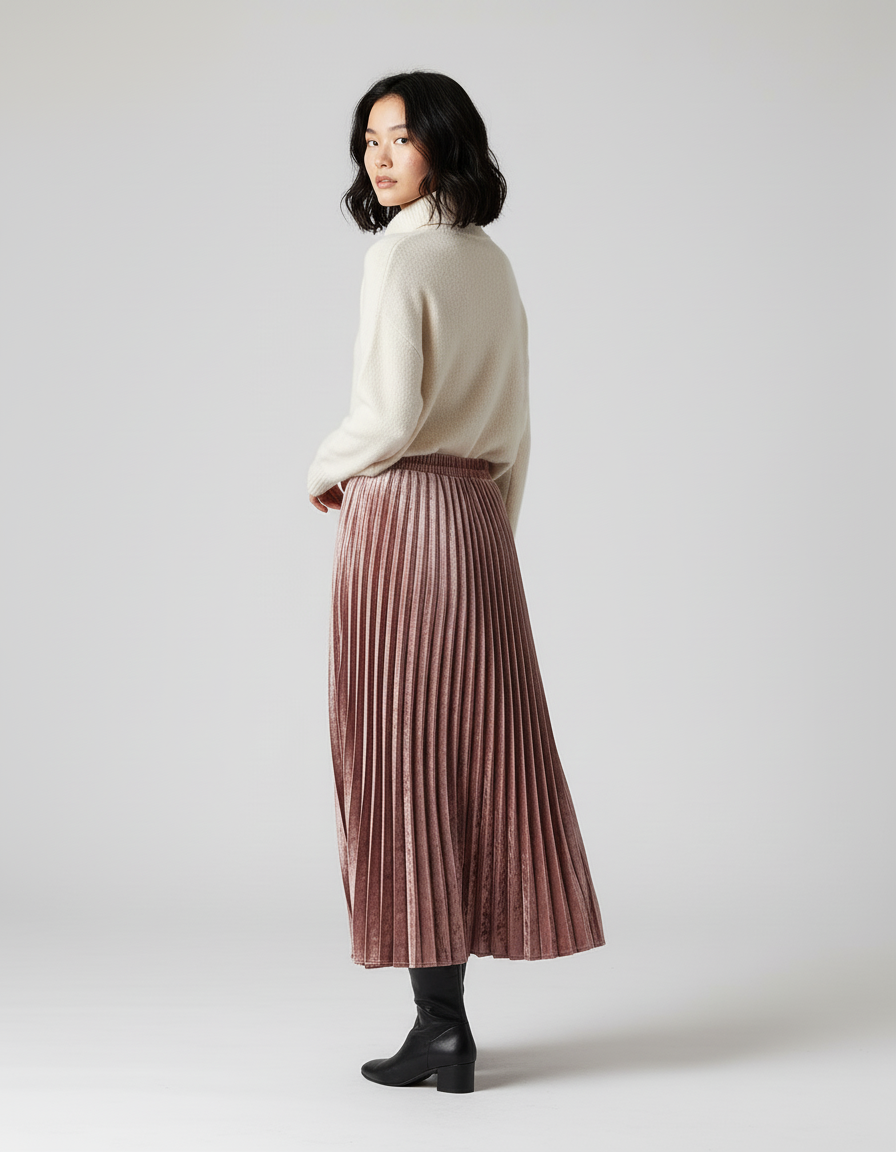 Jupe Longue Rose Velours Plissée