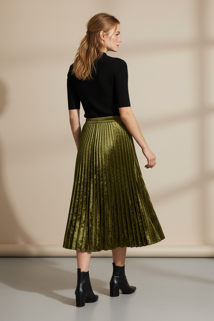 Jupe Longue Velours Plissée Élégante Mode