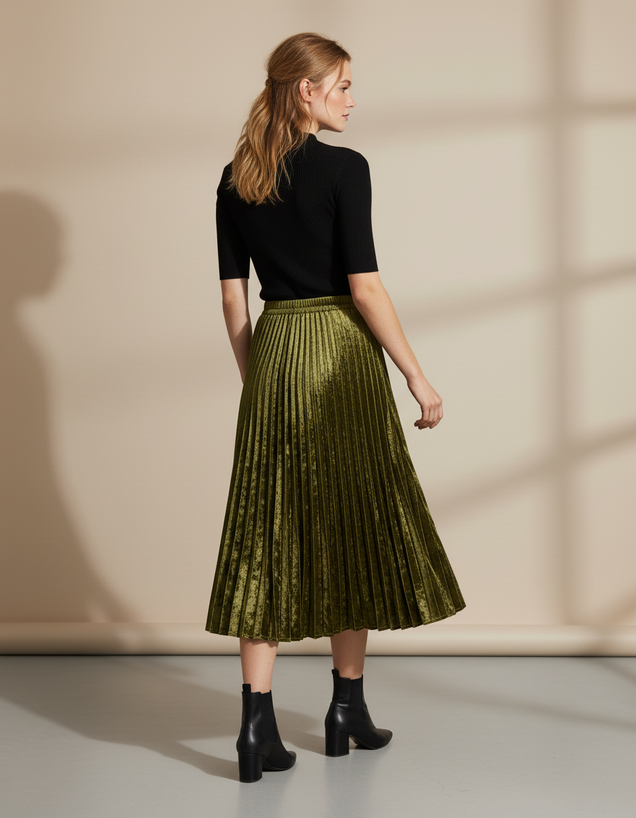 Jupe Longue Velours Plissée Élégante Mode
