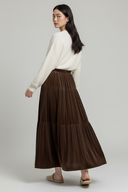 Jupe Longue Velours Plissée Marron Élégante
