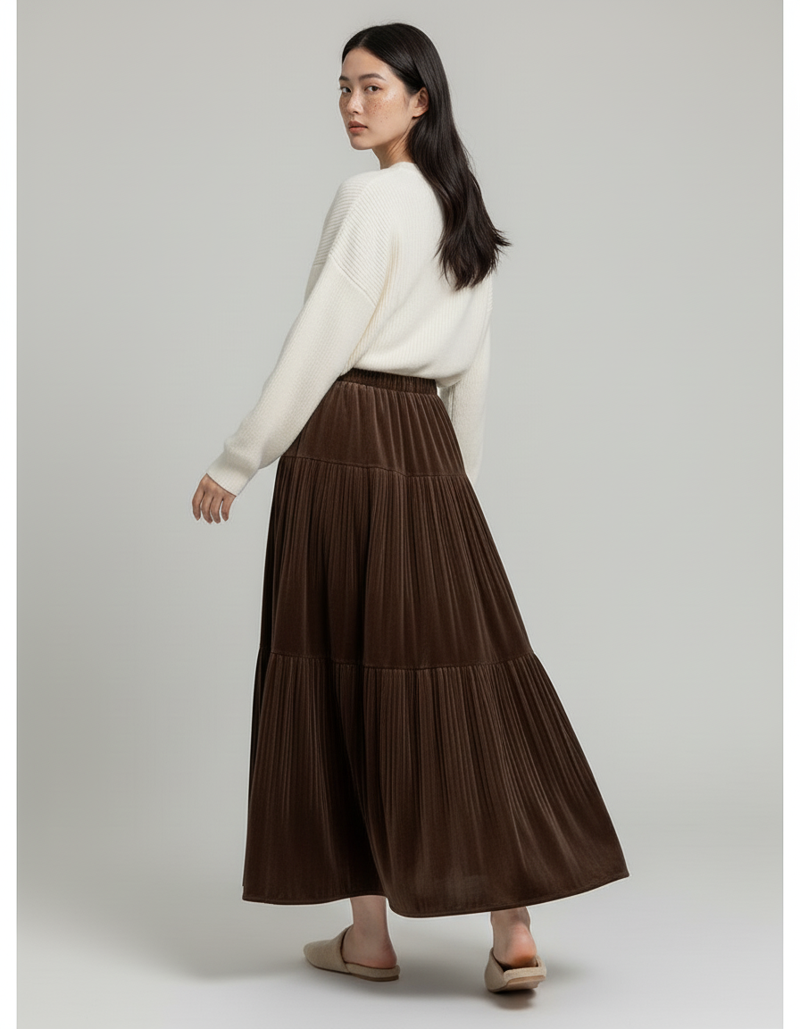 Jupe Longue Velours Plissée Marron Élégante
