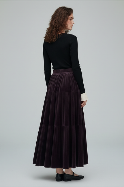 Jupe Longue Velours Prune Plissée