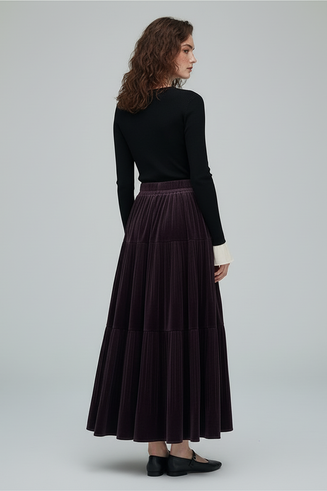 Jupe Longue Velours Prune Plissée