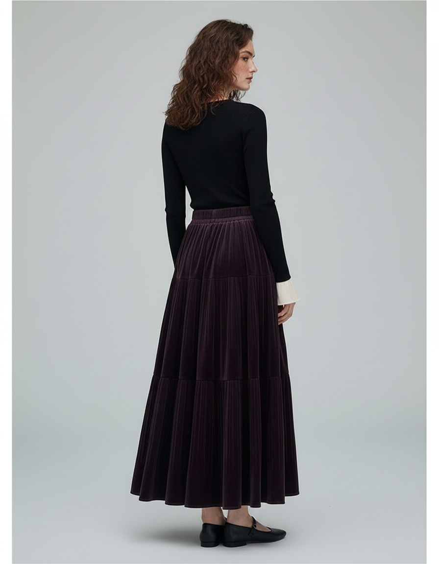 Jupe Longue Velours Prune Plissée