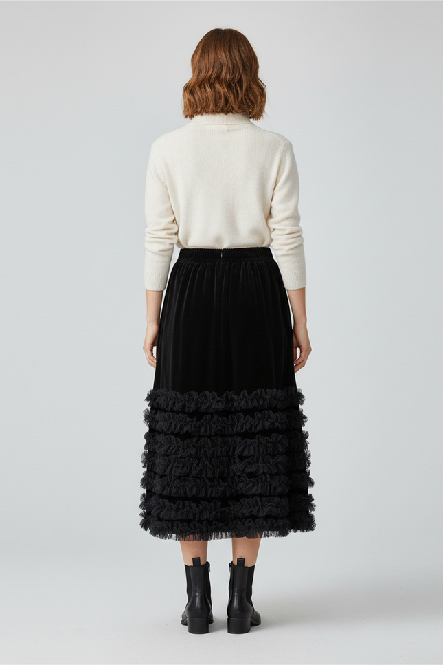 Jupe Longue Velours Volants Noire Élégante