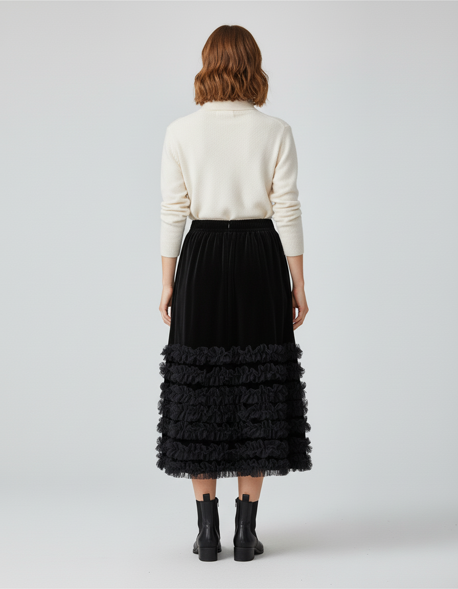 Jupe Longue Velours Volants Noire Élégante