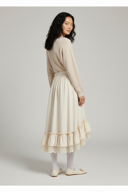 Jupe Longue Crème Volants Dentelle Élégante