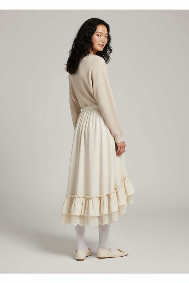 Jupe Longue Crème Volants Dentelle Élégante