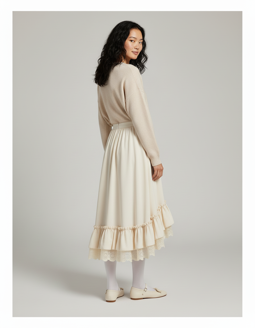 Jupe Longue Crème Volants Dentelle Élégante