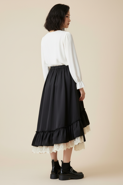 Jupe Longue Noire Volants Dentelle Élégante