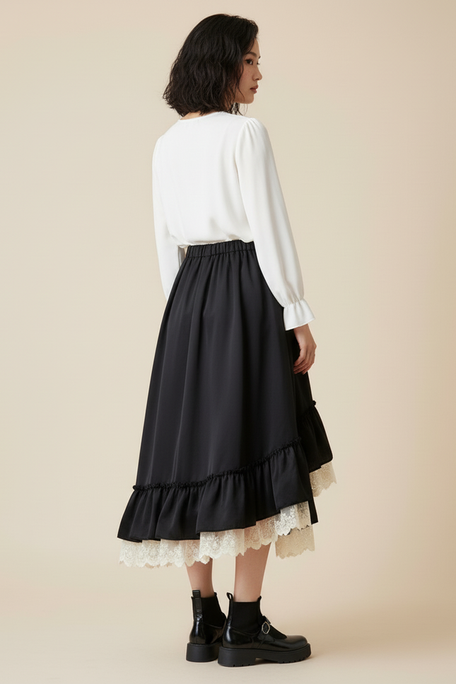 Jupe Longue Noire Volants Dentelle Élégante