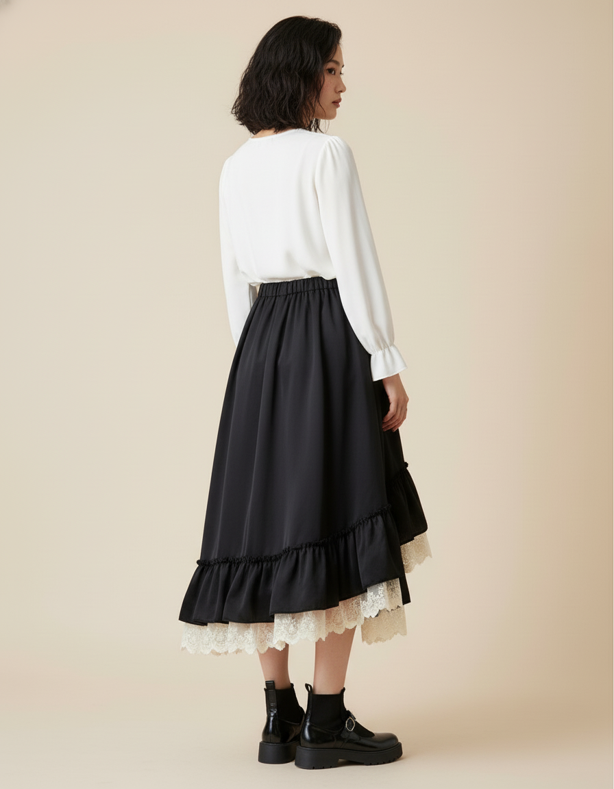 Jupe Longue Noire Volants Dentelle Élégante