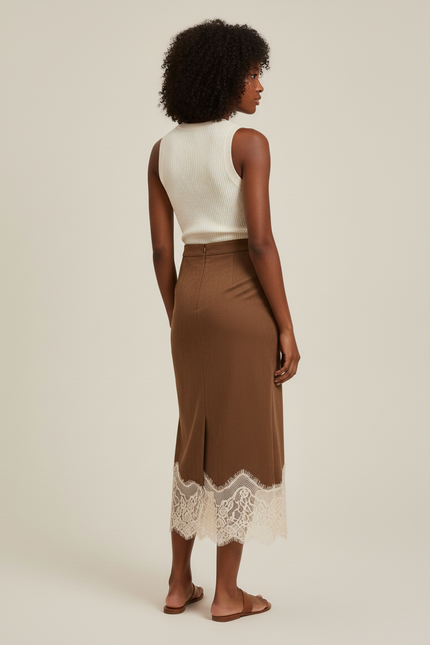 Jupe Longue Marron Dentelle Élégante