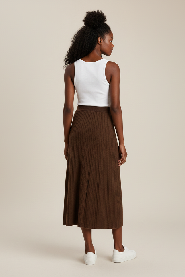 Jupe Longue Marron Côtelée Élégante Mode