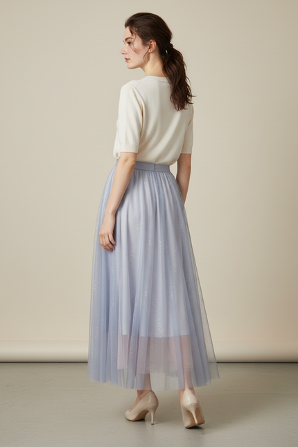 Jupe Longue Bleu Pastel Tulle Pailleté Chic
