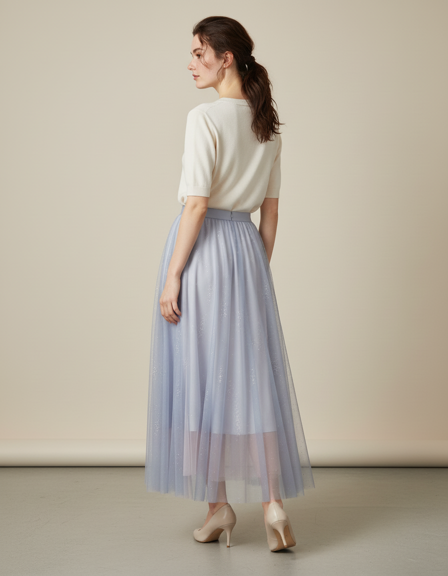 Jupe Longue Bleu Pastel Tulle Pailleté Chic