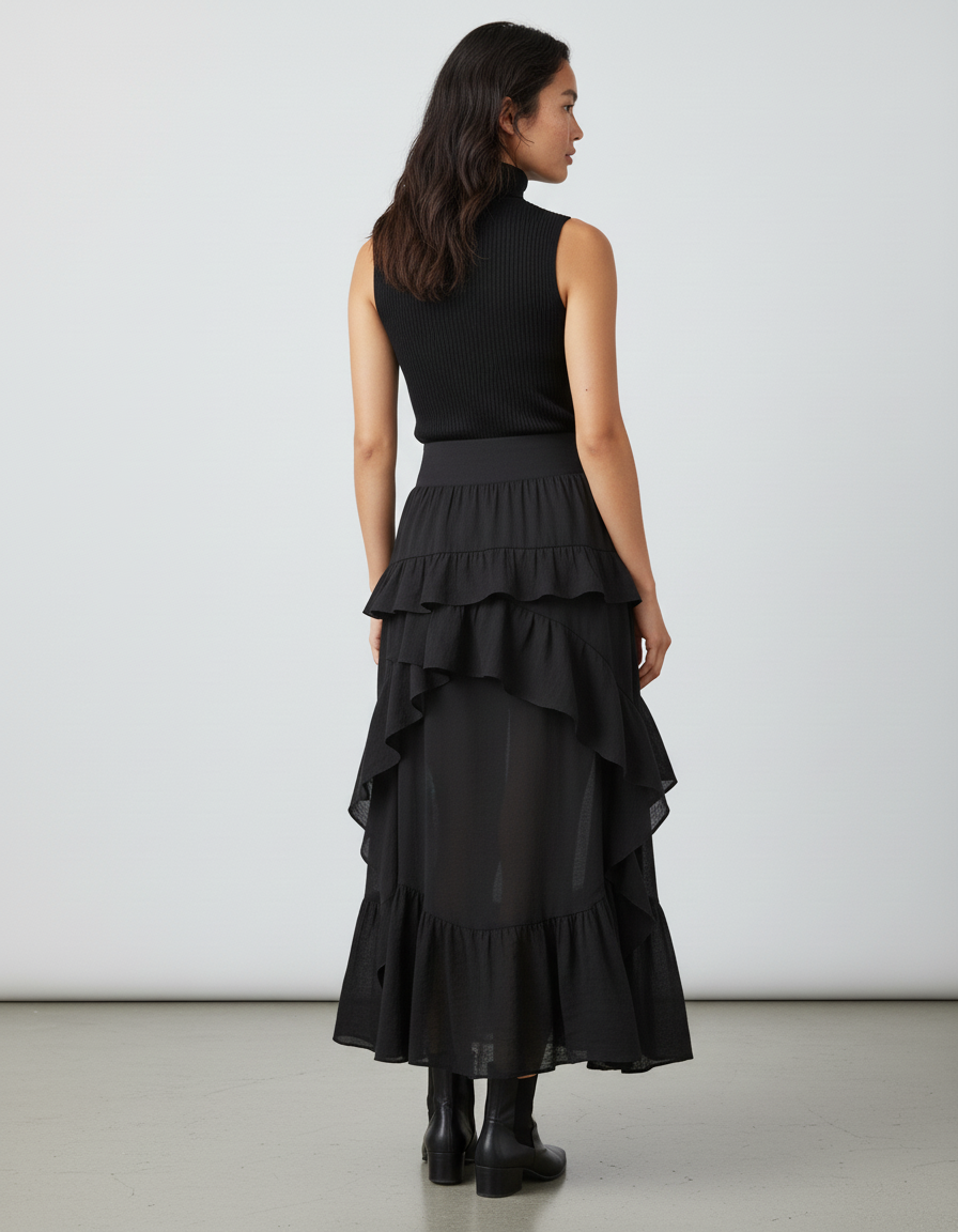 Jupe Longue À Volants Asymétrique Gothique