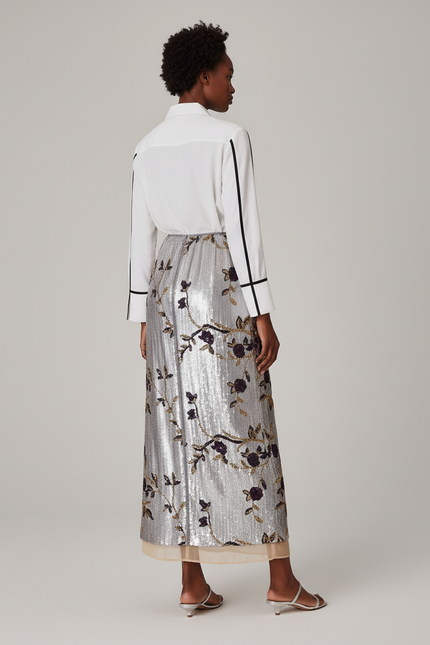 Jupe Longue Argentée Paillettes Brodée Élégante