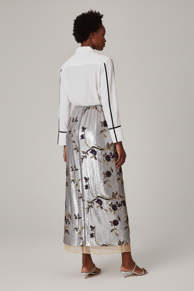 Jupe Longue Argentée Paillettes Brodée Élégante