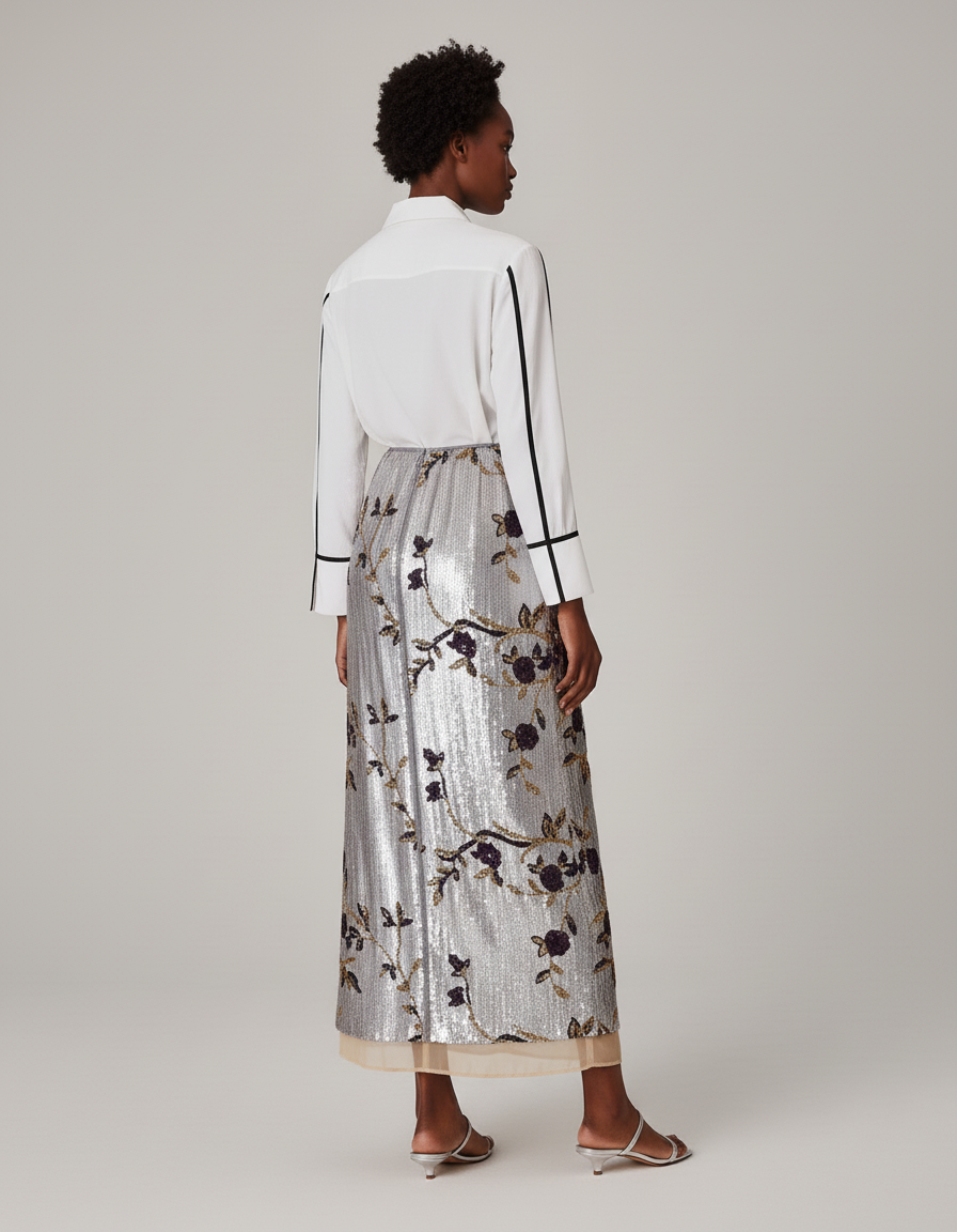 Jupe Longue Argentée Paillettes Brodée Élégante