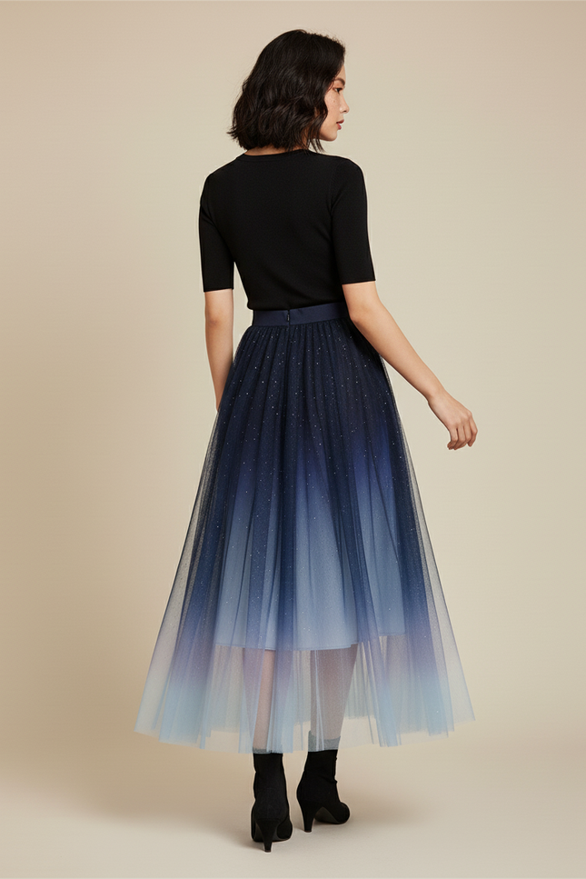 Jupe Longue Dégradée Pailletée Plissée