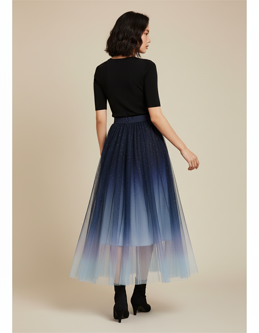 Jupe Longue Dégradée Pailletée Plissée