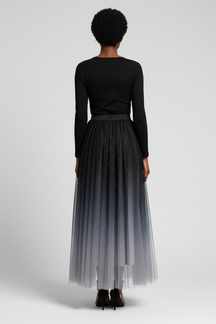 Jupe Longue Dégradée Pailletée Plissée Chic