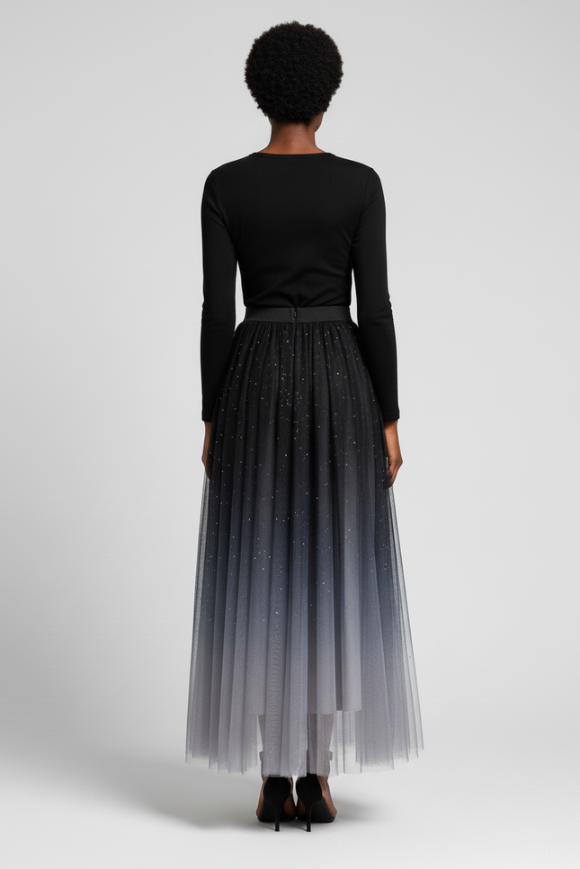 Jupe Longue Dégradée Pailletée Plissée Chic